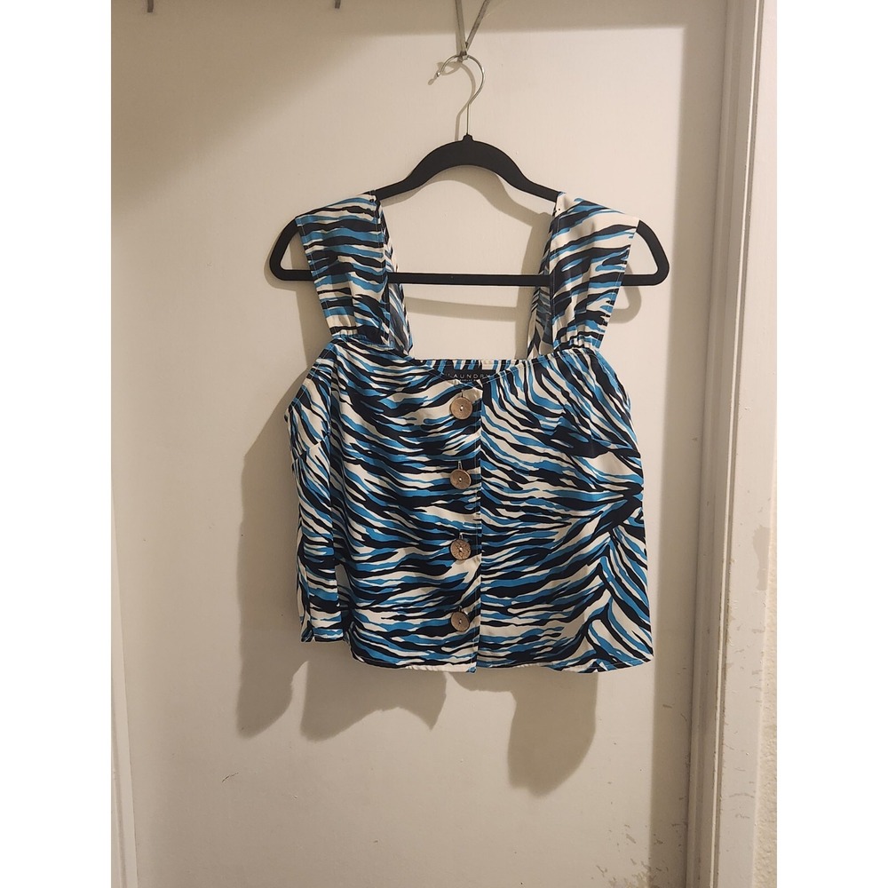 Laundry by Shelli Segal Blue Zebra Print Button Front Crop Top L1WM0023 Large